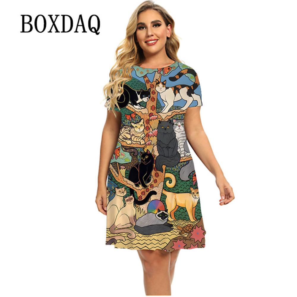

3d Deep Forest Animal Cat Pattern Women s Dress 2026 Summer Fashion Kawaii A-line Casual Round Neck Short-sleeved Dress S