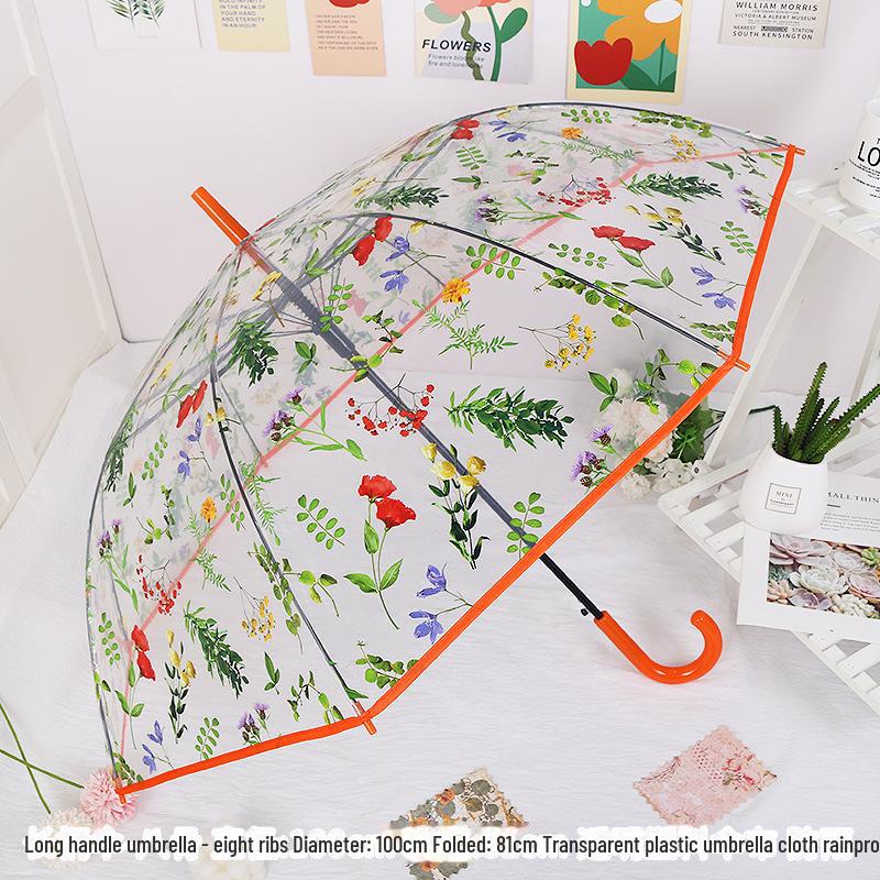 Japonský lesní styl průhledný deštník s třešňovými květy s klenutou dlouhou rukojetí pro studenty