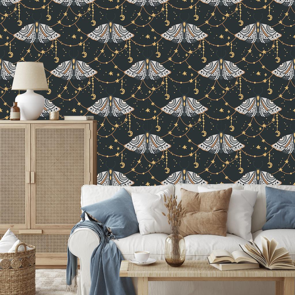 Rainbows and Butterflies Boho Wallpaper, Turquoise and Brown, for Living Room and Bedroom, 50x1000