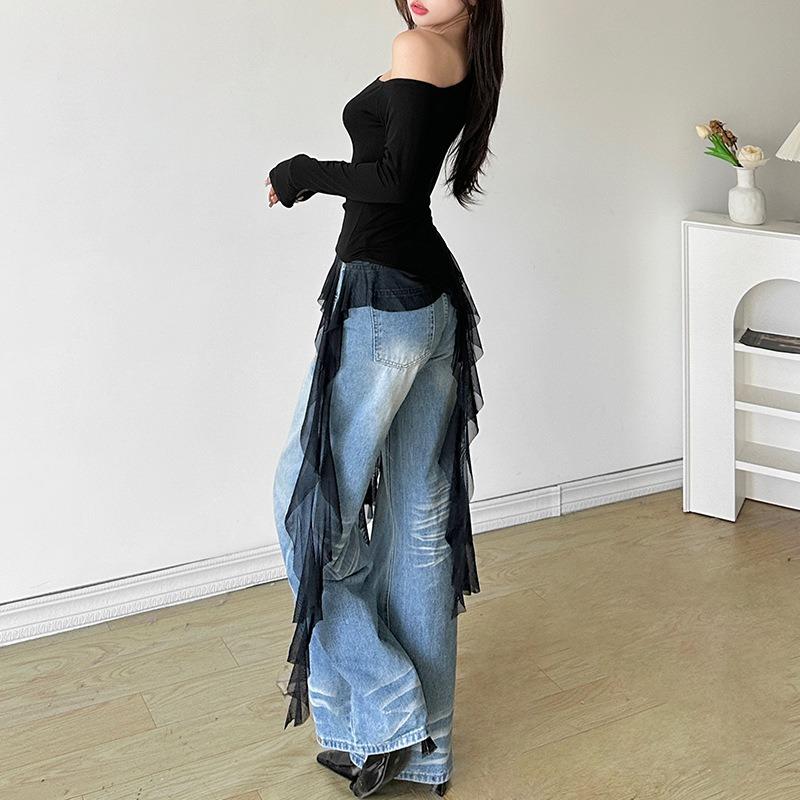 Off Shoulder Ruffles Tassel Long Sleeve T Shirt Women Sweet Streetwear Sweet Blouse Gentle Party Basic Top Slim Fit Black Tees Shirt Sexy New Shirt