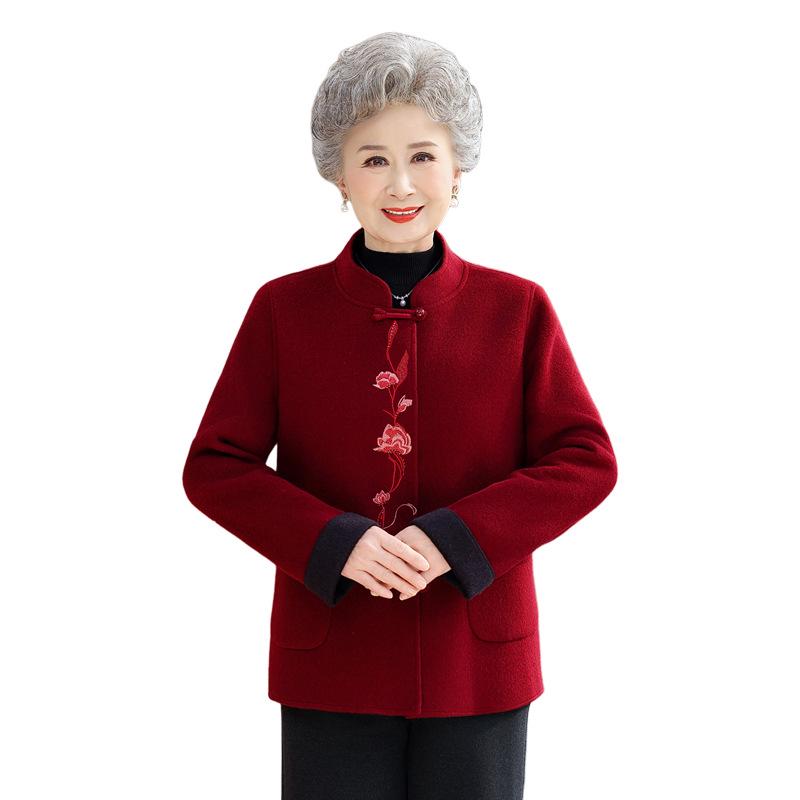 Women's Embroidered Spring Wool Coat with Stand Collar - Perfect for Mothers and Grandmothers, New Year Tang Suit Style.