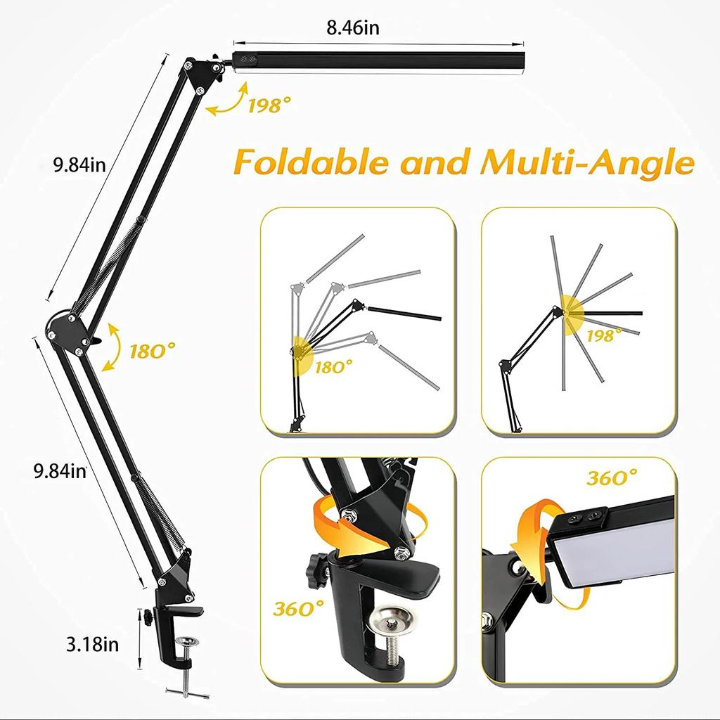 New LED Desk Lamp Clip Light Clamp Long Arm Dimmable Table Lamp 3 Colors Adjustable Reading Computers