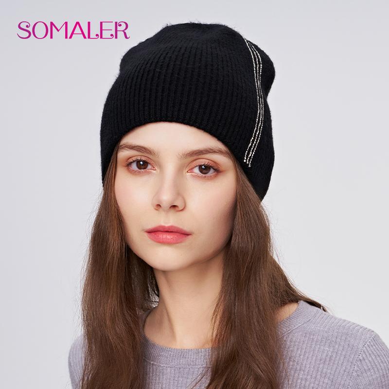 

SOMALER Женская зимняя шерстяная шапка Высококачественная шерстяная вязаная шапка-бини со стразами Толстая теплая двухслойная уличная шапка-бини One Size чёрный