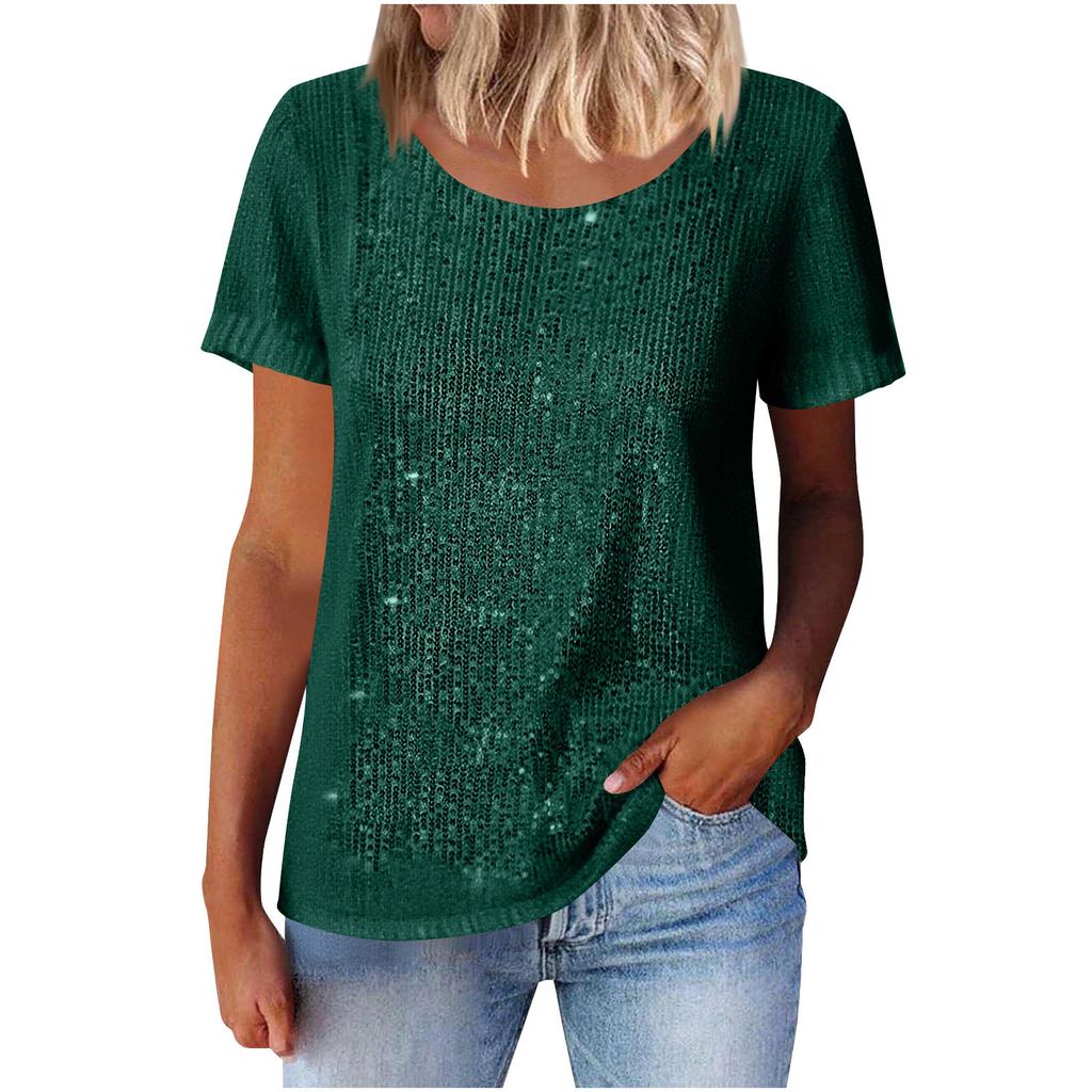 Women Multi Color Round Neck Short Sleeve Glitter Sparkle Casual Top