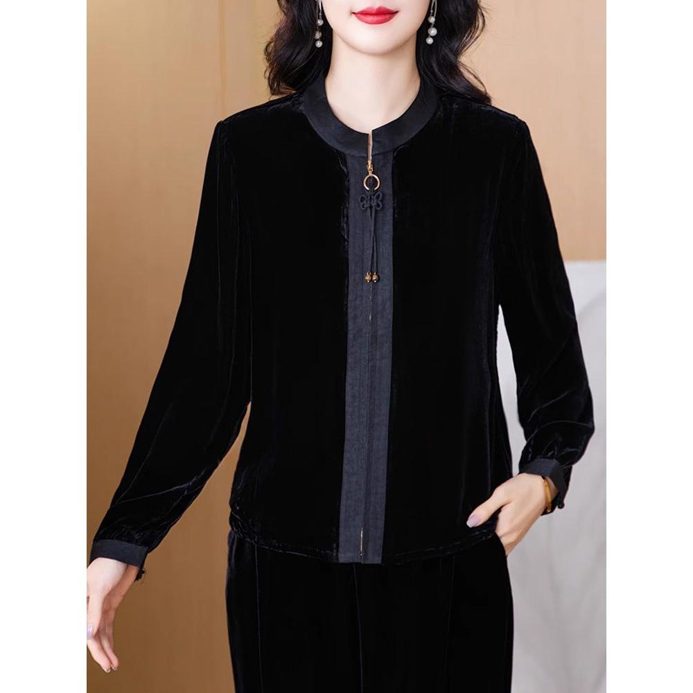 2025 Autumn/Winter Retro Gold Velvet Cardigan Jacket for Women: Stylish National Round Neck Short Top