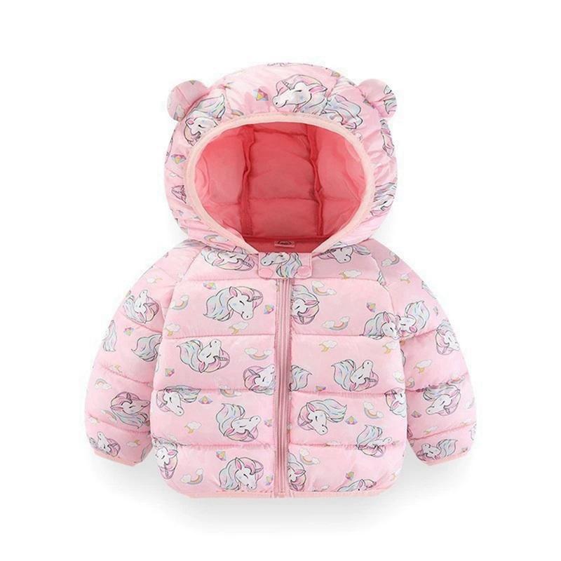 1-8 Years Kids Girls Winter Warm Hooded Coat Printed Zipper Jacket