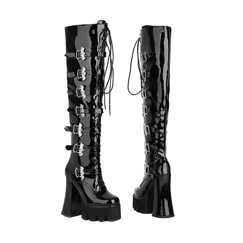 Fashion Lacquer leather women's boots  women's boots thick heel ultra-high heel muffin punk PUNK front lace up high boots