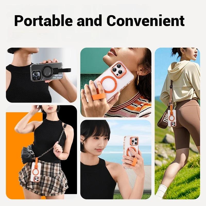 Luxury Magnetic Magsafe Case for iPhone 16 15 Pro Max Plus Wireless Charging Silicone Lanyard Detachable Ring Cell Clear Phone Cover