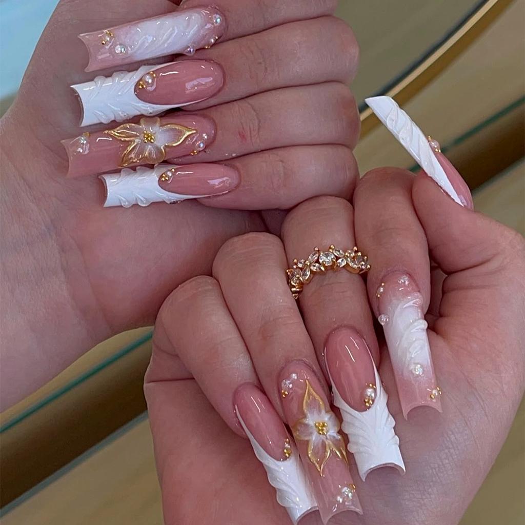 24Pcs Sweet Medium Square False Nails with Glue Blush Pink Flowers Fake Nails Full Cover French Acrylic Press On Nails for Girls