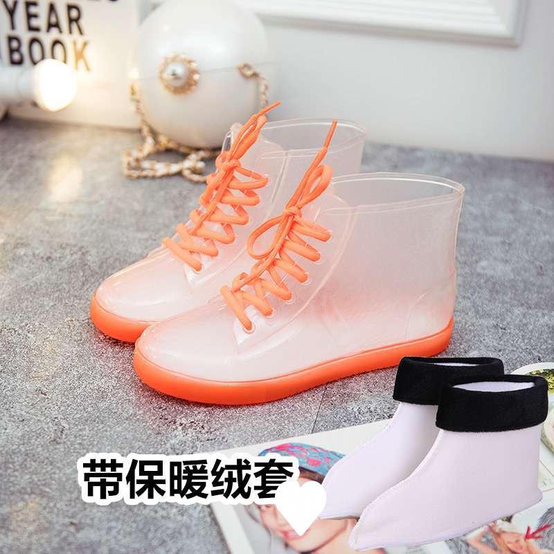Jelly transparent non-slip fashion waterproof shoes rain shoes rain boots rubber shoes overshoes velvet cotton water boots women's short tube adult su