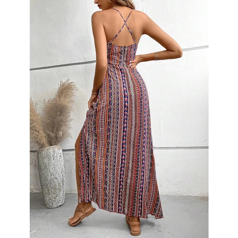 Women's Summer Ethnic Pattern Backless Split Thigh Dress Ladies Summer Clothes Fashion Frill Trim Long Dress Beach