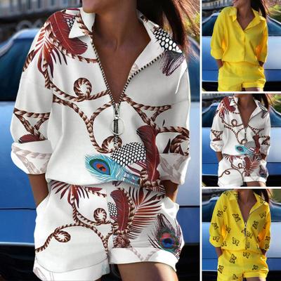 2Pcs/Set Women Shirt Shorts Suit Turndown Collar Long Sleeves Metal Ring Zipper Spring Summer Feather Printed T-Shirt Top Pants Trousers Kit