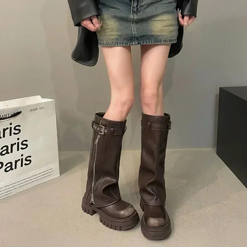 Fashion Winter Women Biker Boots Fashion Belt Buckle Ladies Elegant Platform Long Pipe Booties Casual Women's Knee High Booties