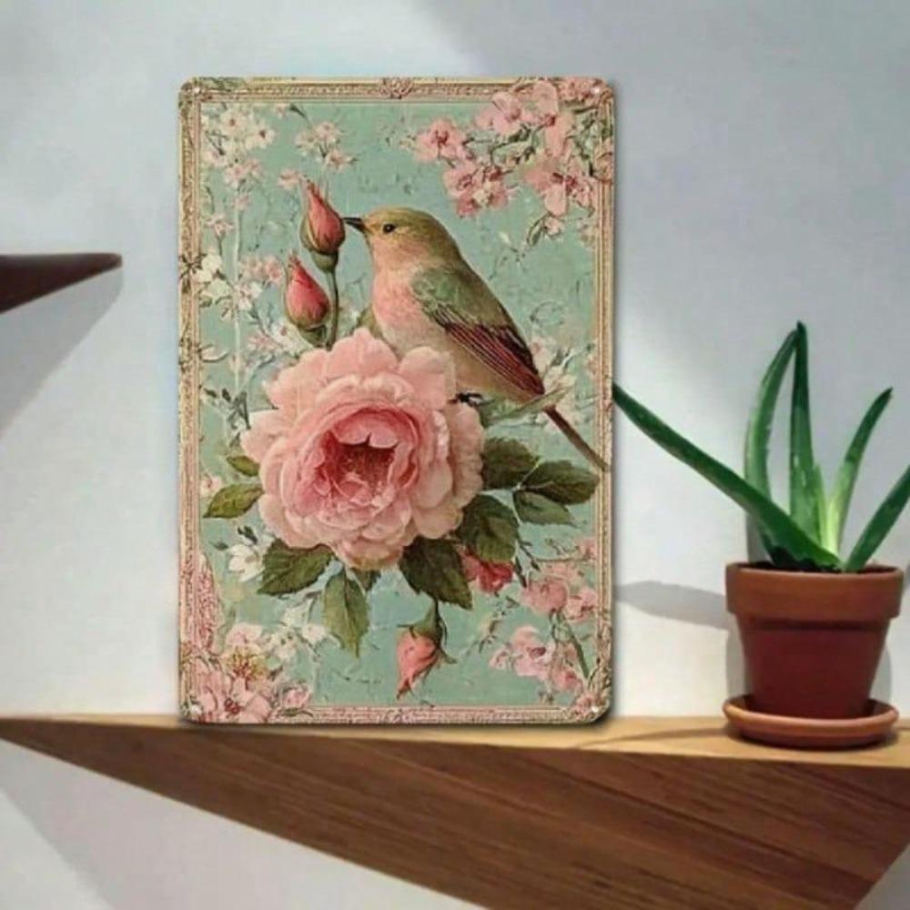 Vintage Rose Bird Metal Tin Sign Retro Wall Art Home Decor