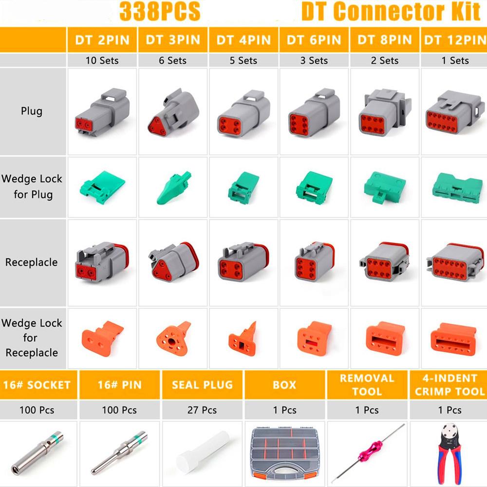 338Pcs For DT Series Electrical Connector Kit with 4-Way Indent Crimping Tool