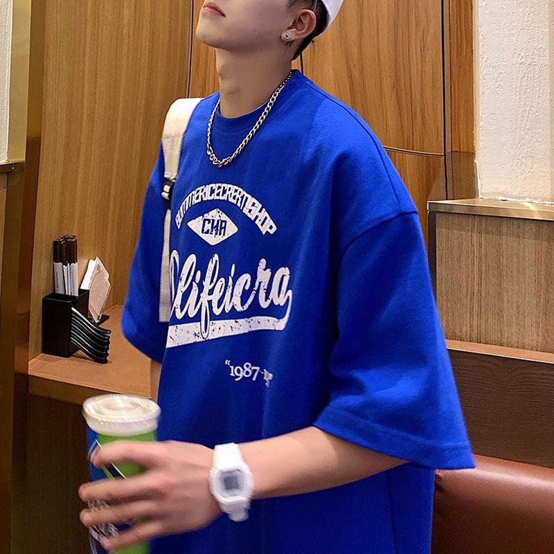 

Youthful Short Sleeve Pullovers Summer American Retro Printed Men s Clothing Casual Letter Basic O-Neck Loose T-shirts S синій