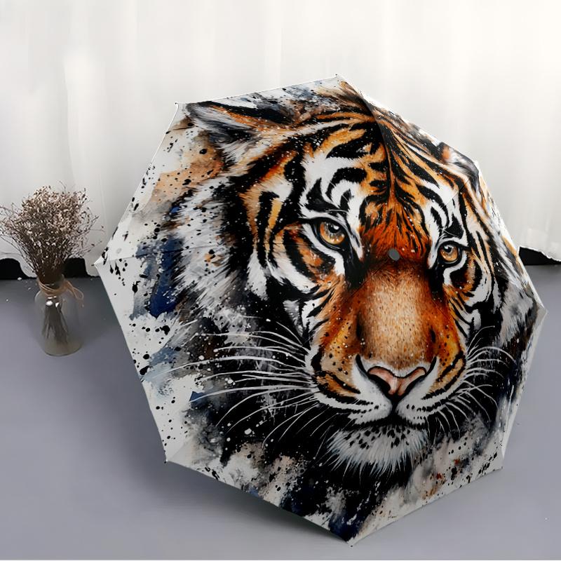 Tiger Watercolor Artwork Pattern New Style Umbrella, 1pc Automatic Folding Umbrella, Portable Foldable Design Umbrella, Outdoo