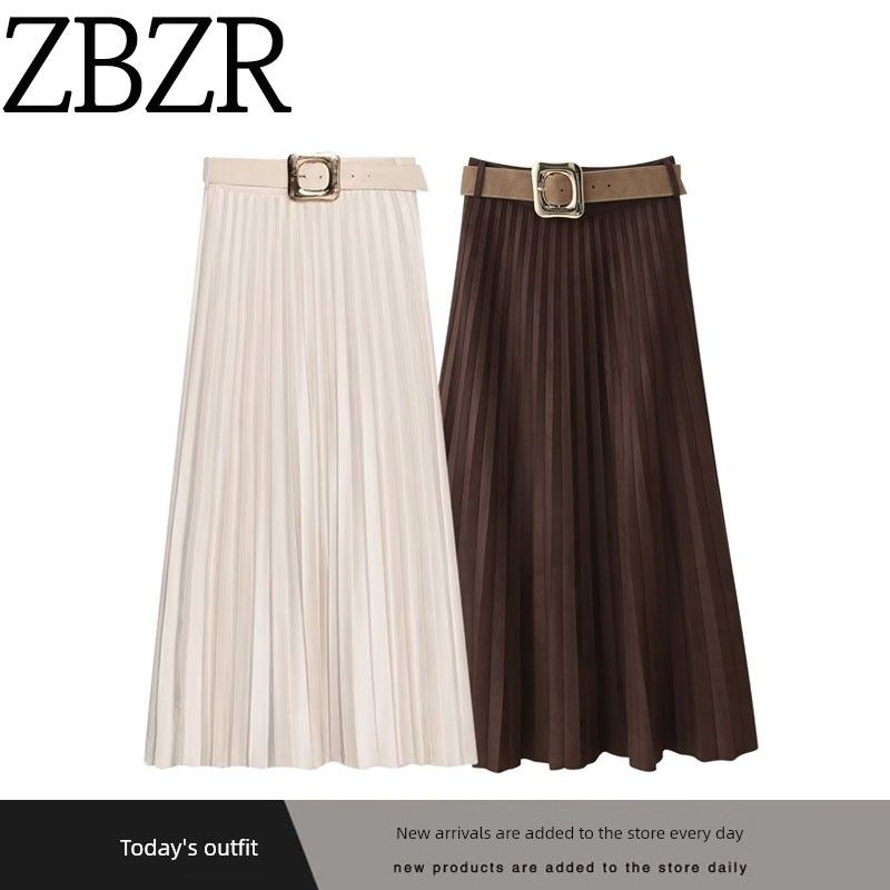 Za Autumn New Arrivals Women's Clothing Zr European and American Style Belted Suede Effect Pleated Midi Skirt 3046252 711
