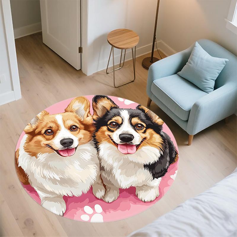 Pink Corgi pattern round rug,Carpet Rug for Living Room Bedroom  Playroom ,Non-slip Floor Mat,Holiday Gifts and Birthday Gifts.