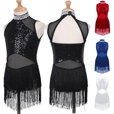 Kids Girls Rhinestone Sequins Decor Mesh Patchwork Style Tassel Hem Dance Leotards for Tango Samba Dance