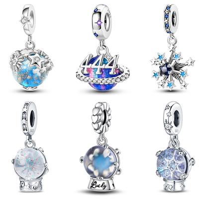 Abalorios luminosos con forma de bola de cristal y planeta de estrella brillante de color plata 925 compatibles con pulseras originales 925, joyería DIY para mujer