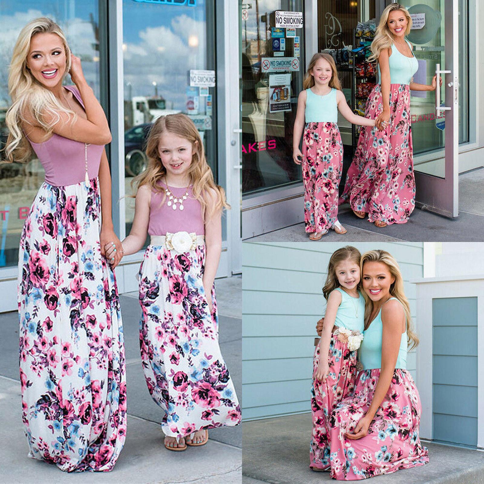 

Платья для мамы и девочки, повседневные семейные наряды с цветочным принтом, летнее одинаковое платье макси