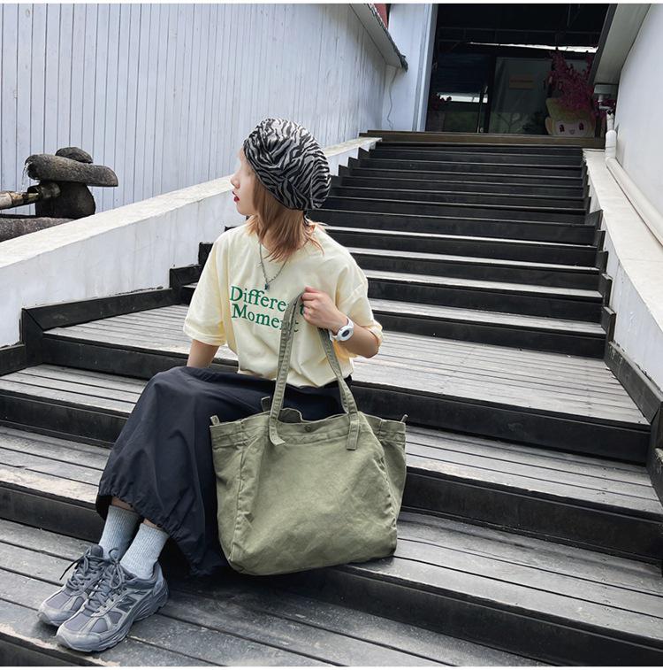 Japanese Minimalist Canvas Shoulder Bag: Large Capacity, Solid Color, Versatile for Shopping or School