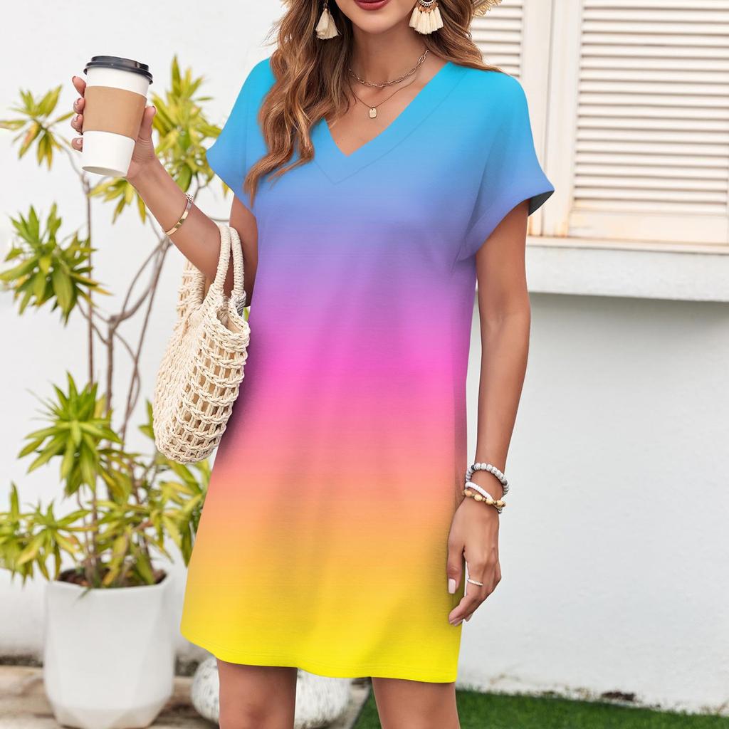Women's Casual Fashion Sexy V-Neck Cap Sleeves Pocket Gradient Dress