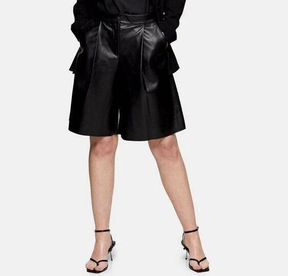 Stylish Party Wear Casual Black Genuine Soft Lambskin Handmade Leather Shorts for Women's