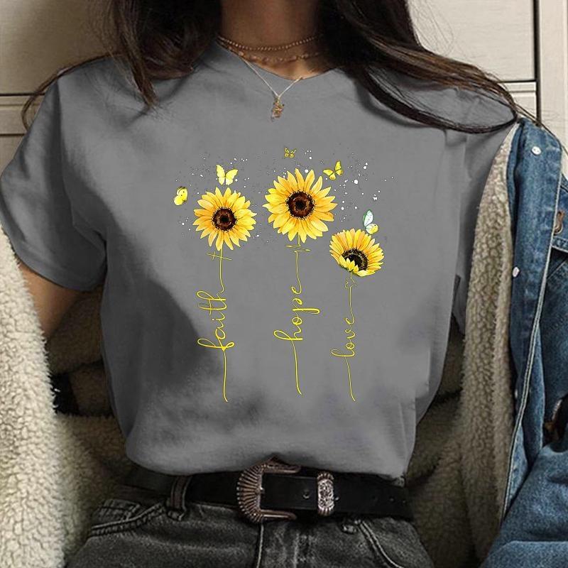 Women's New Fashion Hope Love Faith Sunflower Pattern Printed T-Shirt Women's Outdoor Street Cool Round Neck Short Sleeve Shirt
