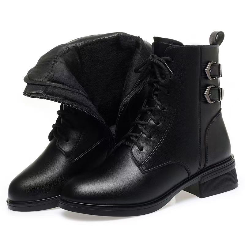 Women Winter Block Heel Real Leather Ankle Cotton Boots Thick Sole Non Slip Round Toe Waterproof Plush Warm Zippers Snow Boots