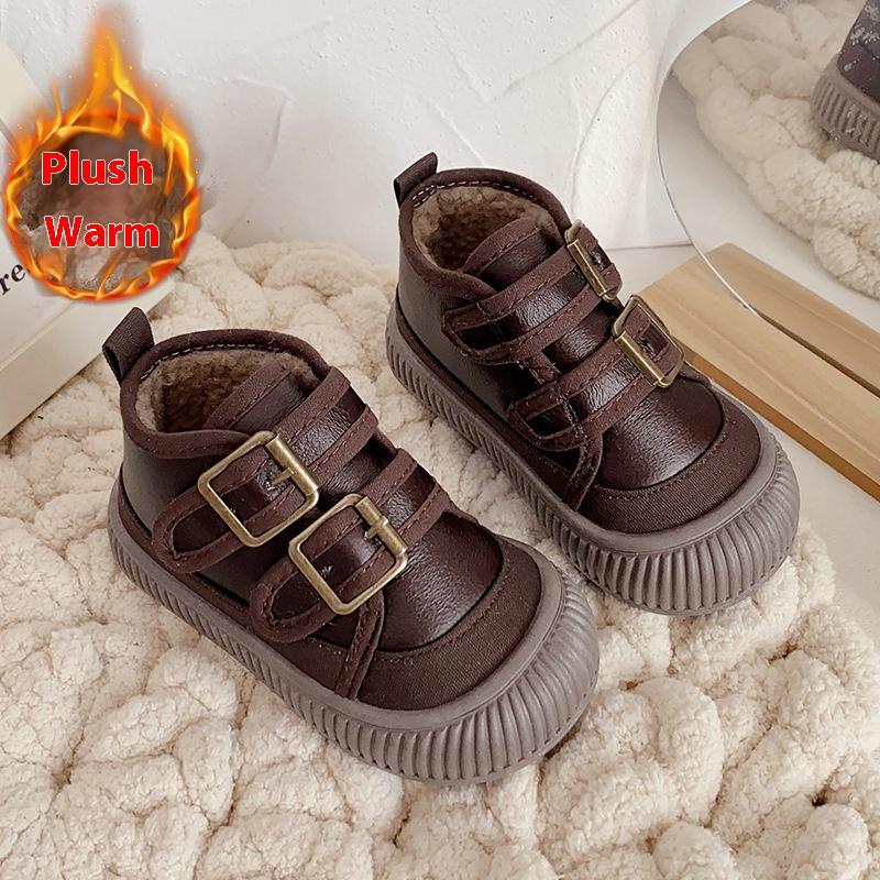 Winter Mid-cut Cotton Shoes for Children, Plus Velvet Soft-soled Casual Shoes for Boys and Girls, Velcro Cotton Shoes