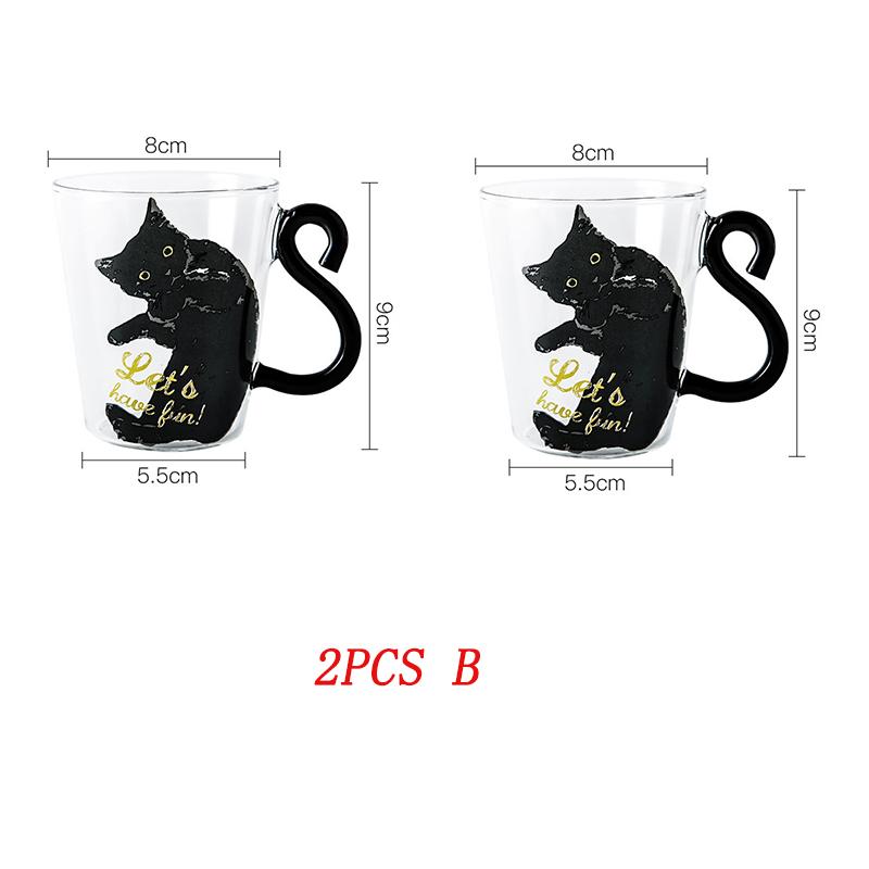 1-2pcs 250 ml Cute Black Cat Glass Coffee Mug Set Handgrip Animal Shaped Milk Water Juice Mugs Tea Cup Japanese Style Gift