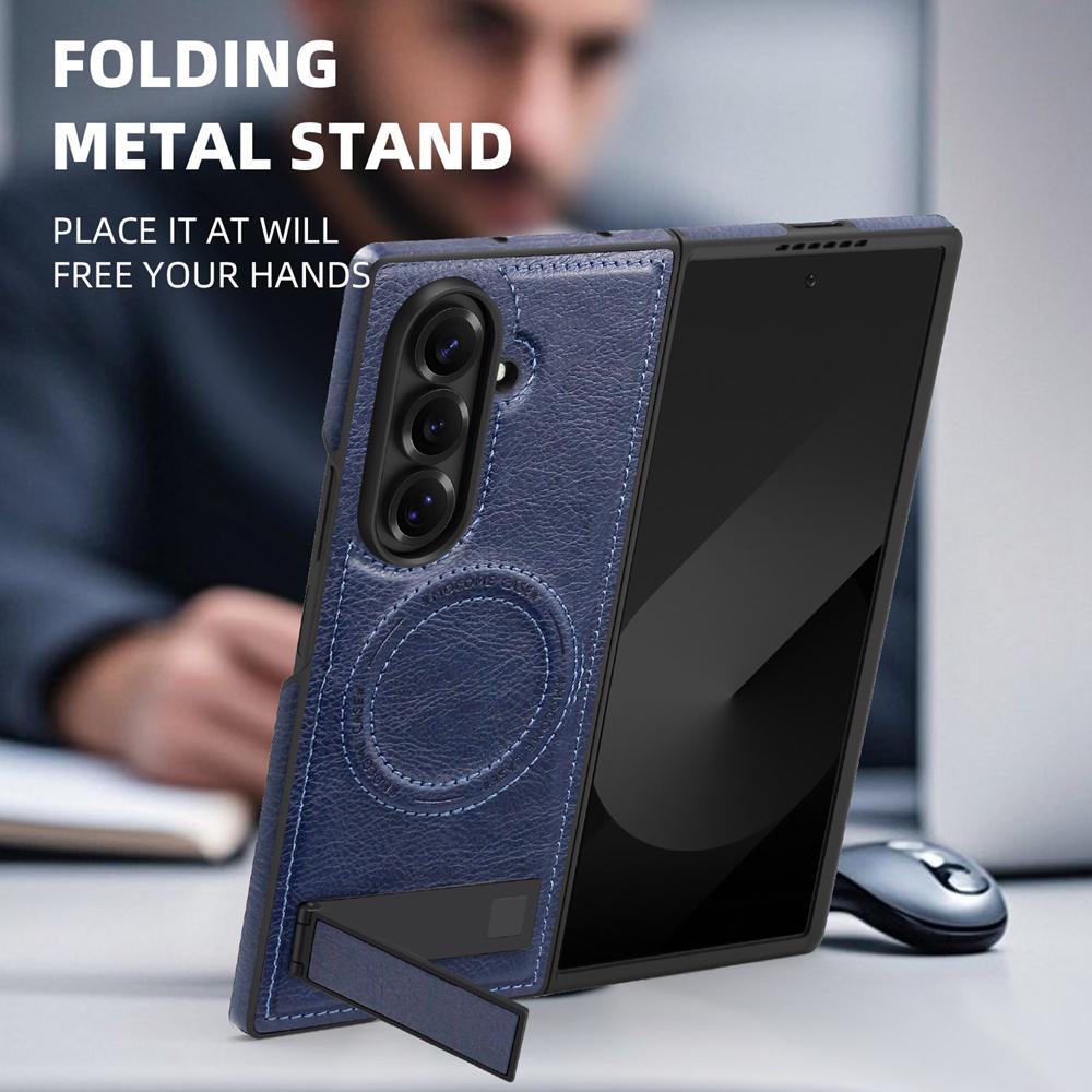 KEYSION Luxus PU Leder Magnetische Hülle für MagSafe für Samsung Galaxy Z Fold 7 5G Ständer Kabelloses Laden Handy Rückseite