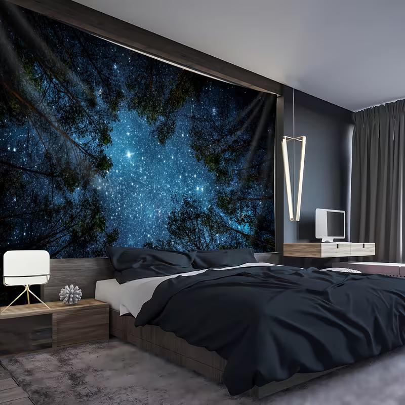 2D Starry Forest Tapestry Night Sky Through Pine Tree Canopy Wall Decor