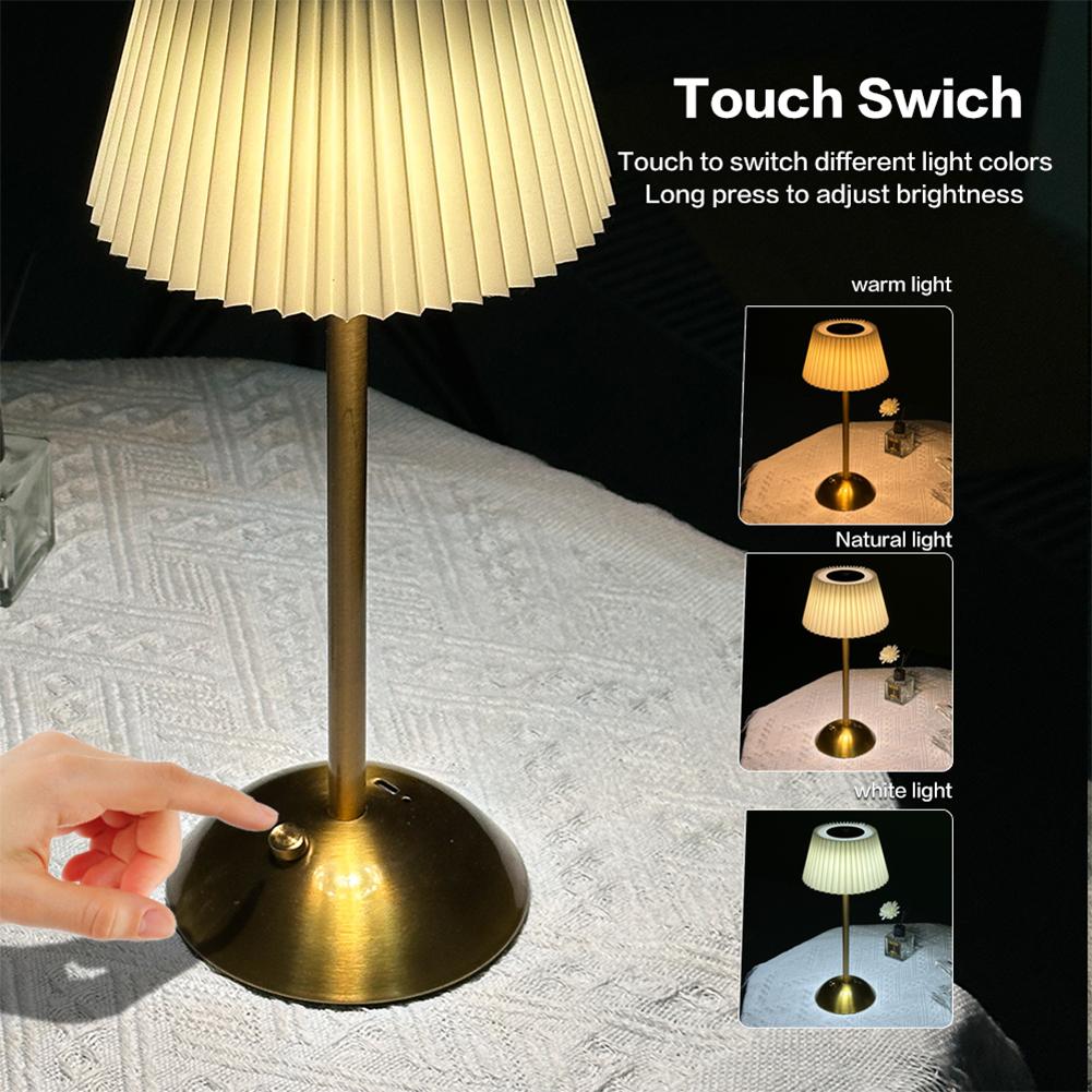 Cordless Table Lamp Small Night Light 3 Light Colors Simple Reading Light with Pleated Lampshade for Restaurant Bar Coffee Shop