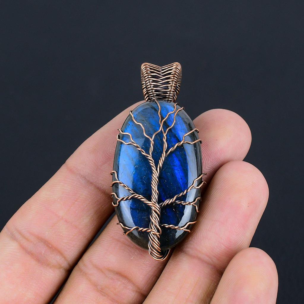 Natural Tree of Life Blue Fire Labradorite Gemstone Pendant | Oxidized Copper Wire Wrapped | Necklace Pendant | Copper Jewelry For Her/him