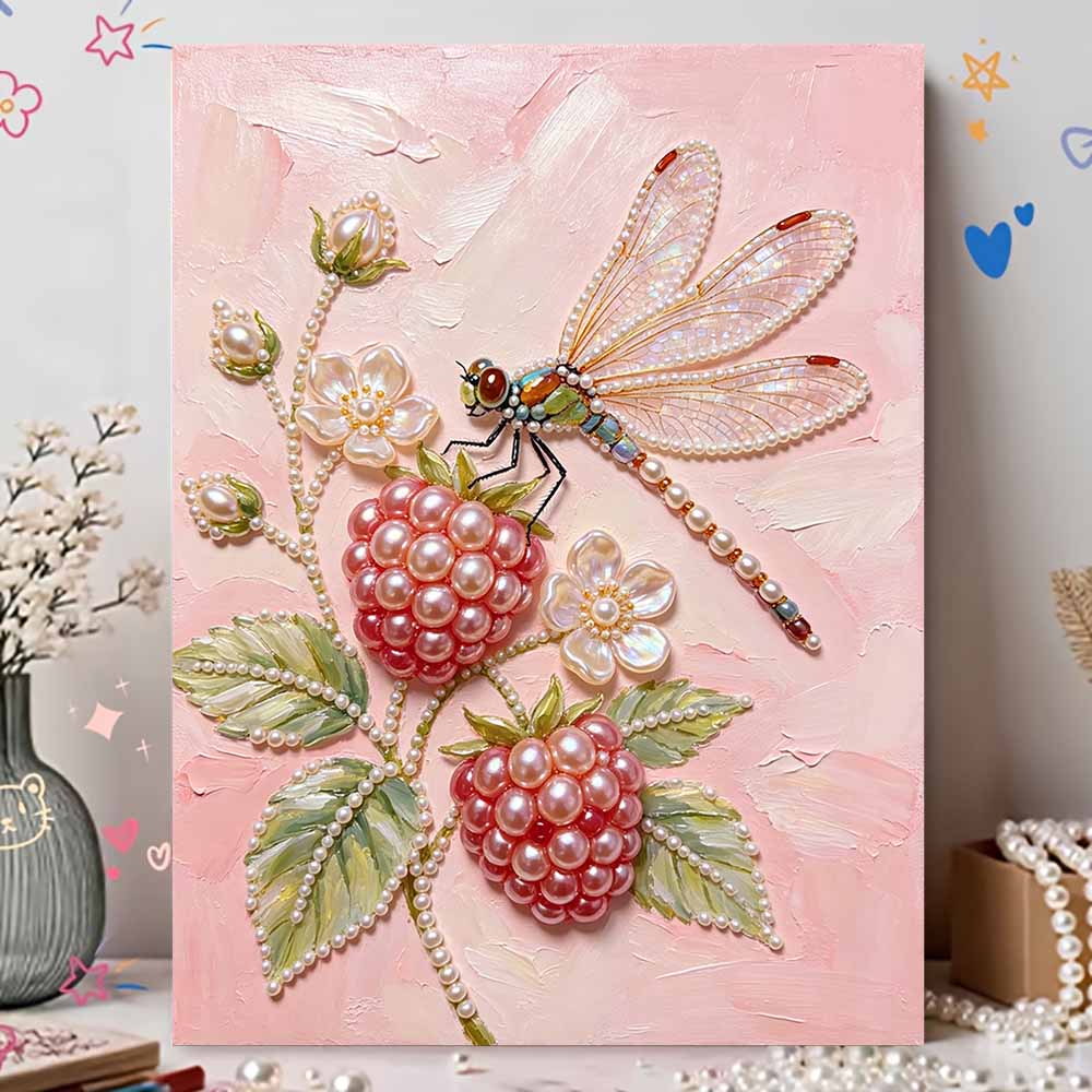 Frameless Pearl Painting Kit Dragonfly & Raspberry DIY 3D Bead Art Canvas Relaxing Handmade Craft for Adults Home Decor