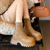Stylish Back Zip Block Heel Single Boots Autumn New Round Toe Paneled Suede Platform Anti-Slip Wear-Resistant Booties