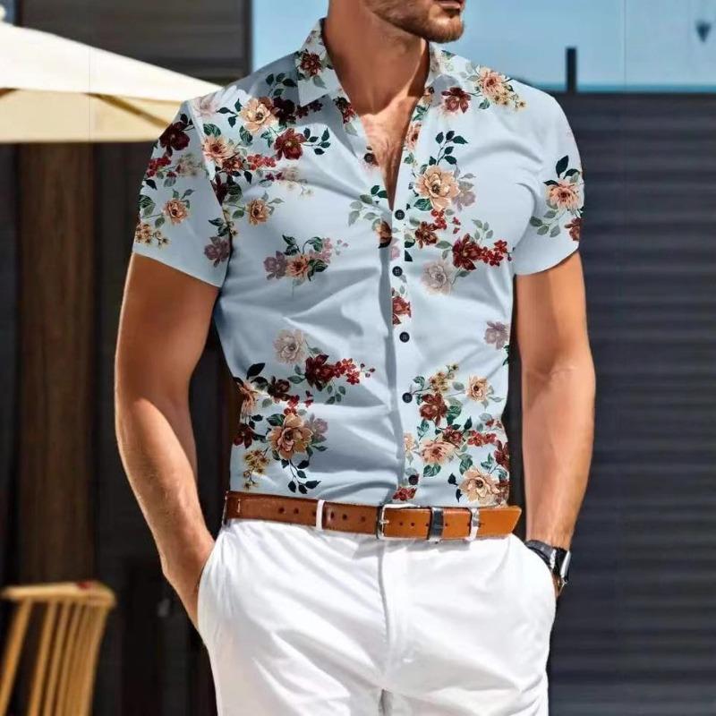 

Mens Blue White Floral Print Short Sleeve Casual Button Down Shirt S синий