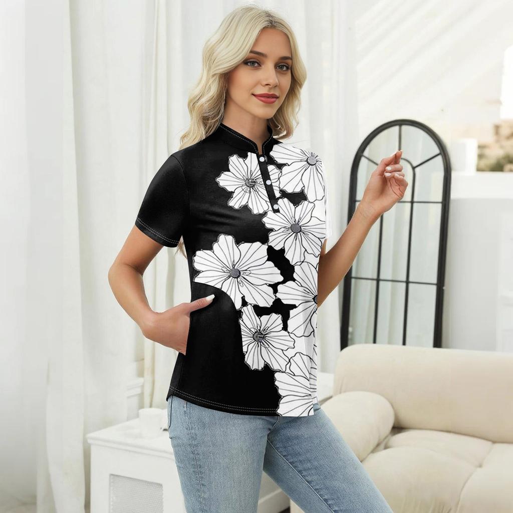 Women's Casual Floral Print V-Neck Short Sleeve Decorative Button T-Shirt Top