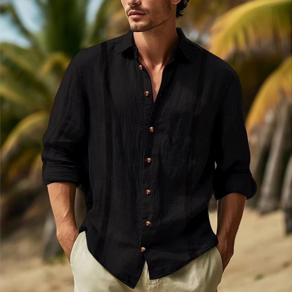 Spring/Autumn New Arrival Solid-Colour Cotton-Linen Blend Patchwork Collar Long-Sleeved Casual Men's Shirt