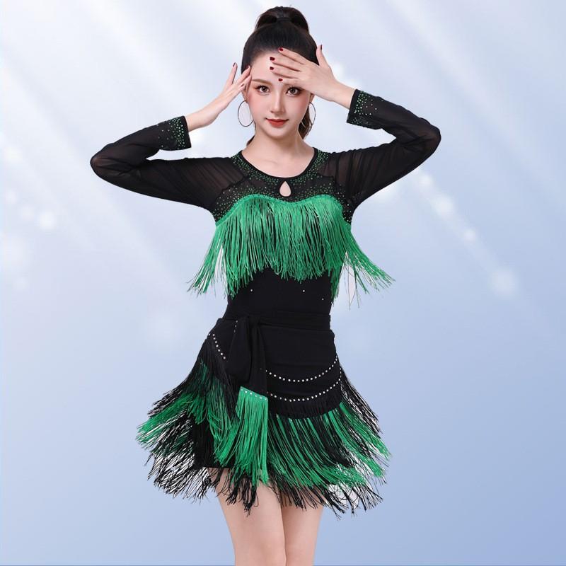 Womens Latin Dance Top With Fringe Rhinestone Embellishment Long Sleeve Modern Ballroom Costume