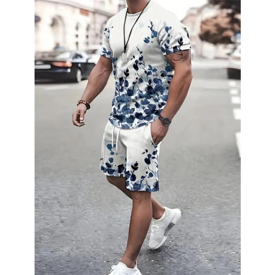 Summer Men's Sailor Short Sleeve Set Anchor Print Pattern Short Sleeve Shorts Set Men's Crew Neck T-Shirt and Drawstring Shorts