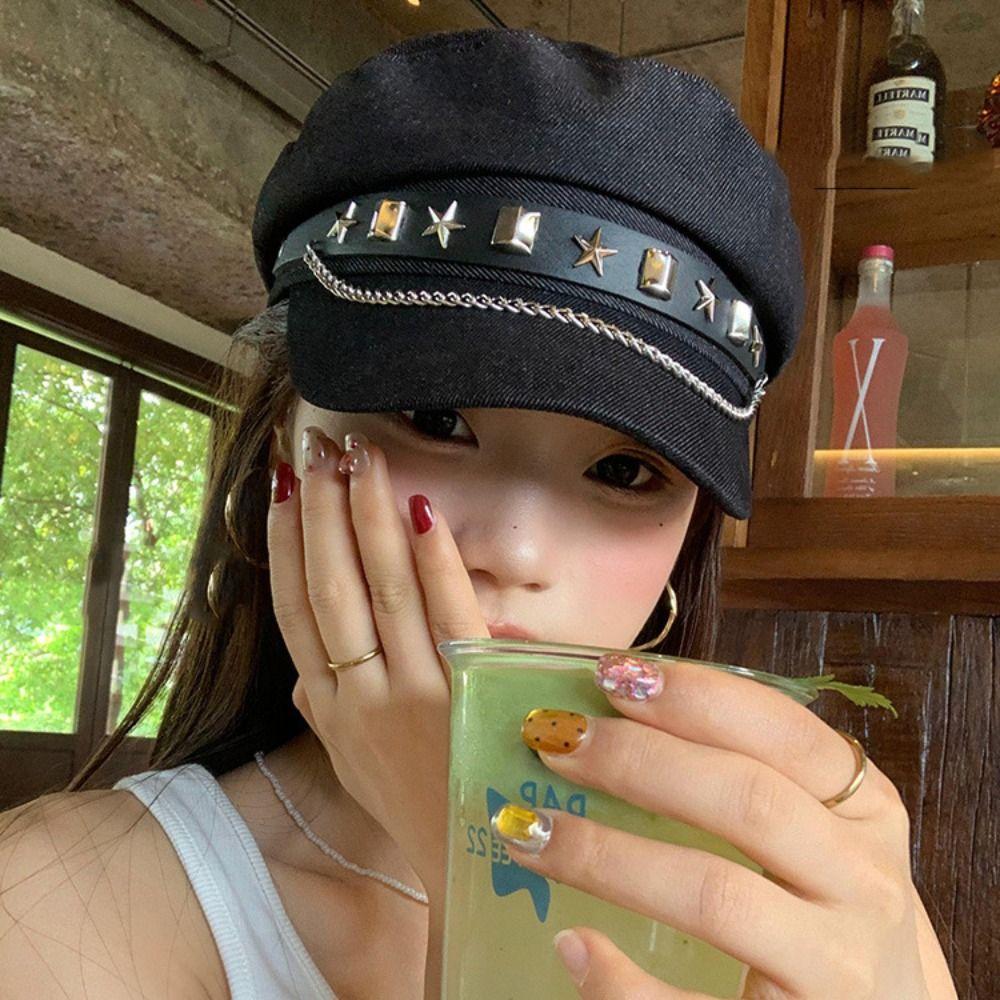 Cloth Denim Octagonal Hat Korean Style Retro Painter Hat Fashion Rivet Denim Beret  Travel