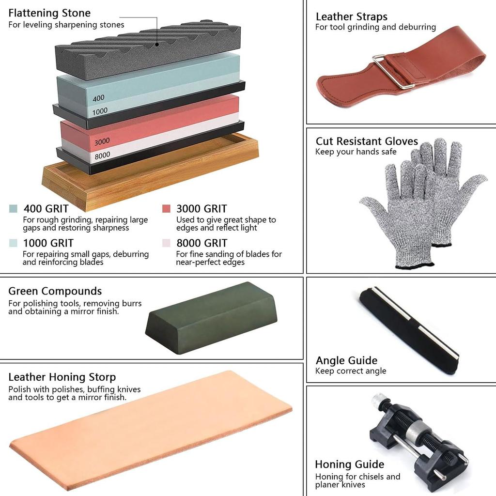 Knife Sharpening Stone Set, 4 Side KitGrit 400/1000/3000/8000 Waterstone, Whetstone Sharpener Set with Non-Slip Bamboo Base, Cut Resistant Gloves,