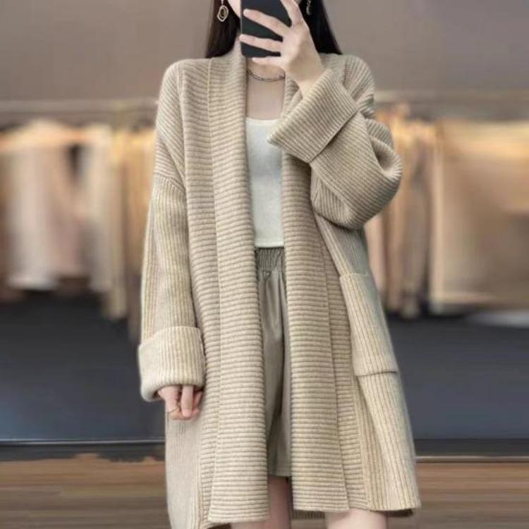 Loose Fit Mid Length Open Front Cardigan Sweater Coat for Women Lapel Long Sleeve Large Pockets Solid Color Outwear