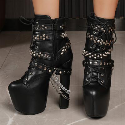 Women's 13cmUltra High Heels Ankle Boots Trend Rivet Silver Chain Platform Short Boots Women Punk Style Chunky High Heels Shoes