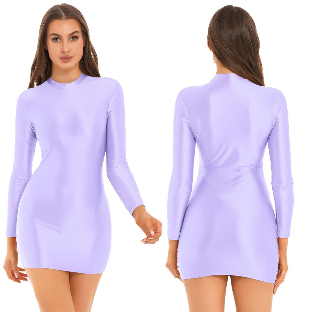 Summer Sexy Dress Women Glossy Sheer See Through Bodycon Pencil Dress Long Sleeves Clubwear Party Dresses