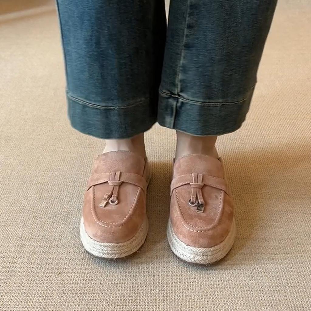 Sheepskin version~ retro thick-soled straw woven one-pedal convenient bag head shoes women's metal lock round head suede half slippers